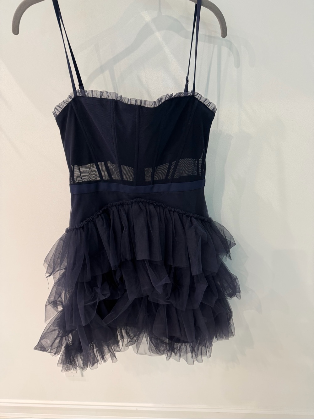 Betsy & Adam Navy Tiered Mesh Ruffle Mini Dress
